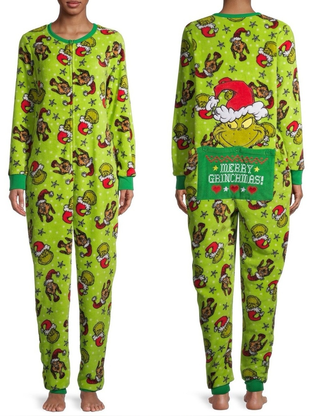 The Grinch Pajamas Womens One Piece onesie Suit Drop Seat Back Flap
